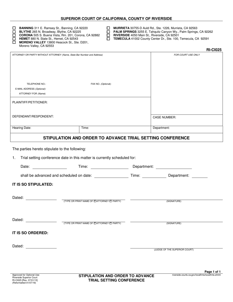 Form RI-CI025 Stipulation and Order to Advance Trial Setting Conference - County of Riverside, California, Page 1
