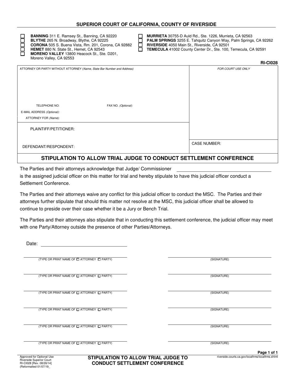 Form RI-CI028 Stipulation to Allow Trial Judge to Conduct Settlement Conference - County of Riverside, California, Page 1