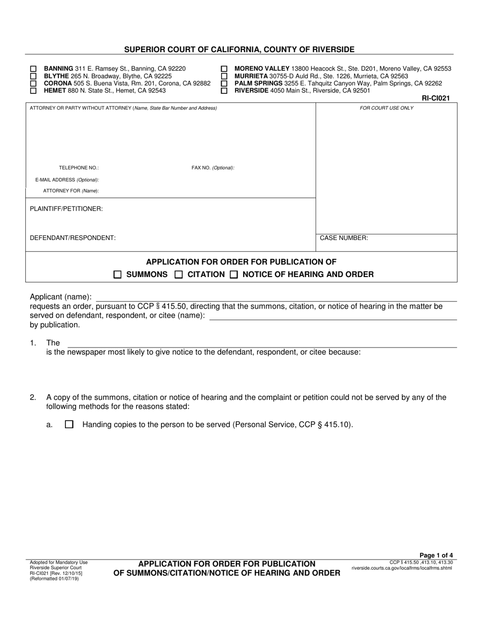 Form RI-CI021 Application for Order for Publication of Summons / Citation / Notice of Hearing and Order - County of Riverside, California, Page 1
