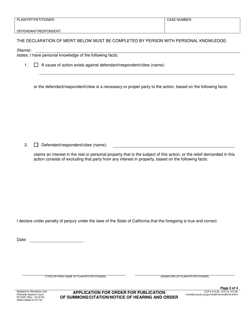 Form RI-CI021 Application for Order for Publication of Summons / Citation / Notice of Hearing and Order - County of Riverside, California, Page 3