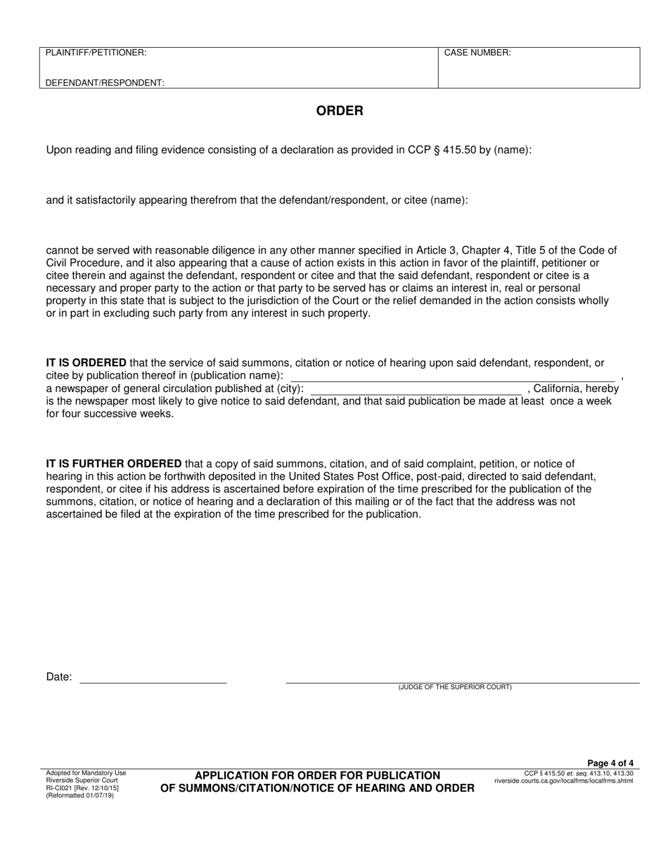 Form RI-CI021 Application for Order for Publication of Summons / Citation / Notice of Hearing and Order - County of Riverside, California, Page 4