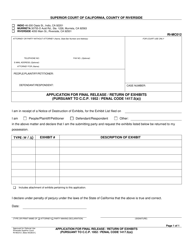 Form RI-MC012 Application for Final Release/Return of Exhibits - County of Riverside, California