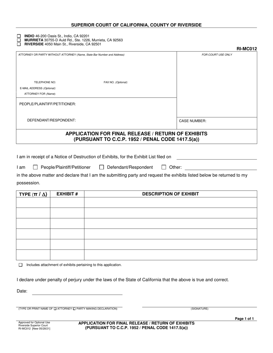 Form RI-MC012 Application for Final Release / Return of Exhibits - County of Riverside, California, Page 1