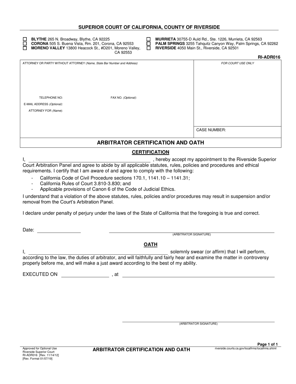 Form RI-ADR016 Arbitrator Certification and Oath - County of Riverside, California, Page 1