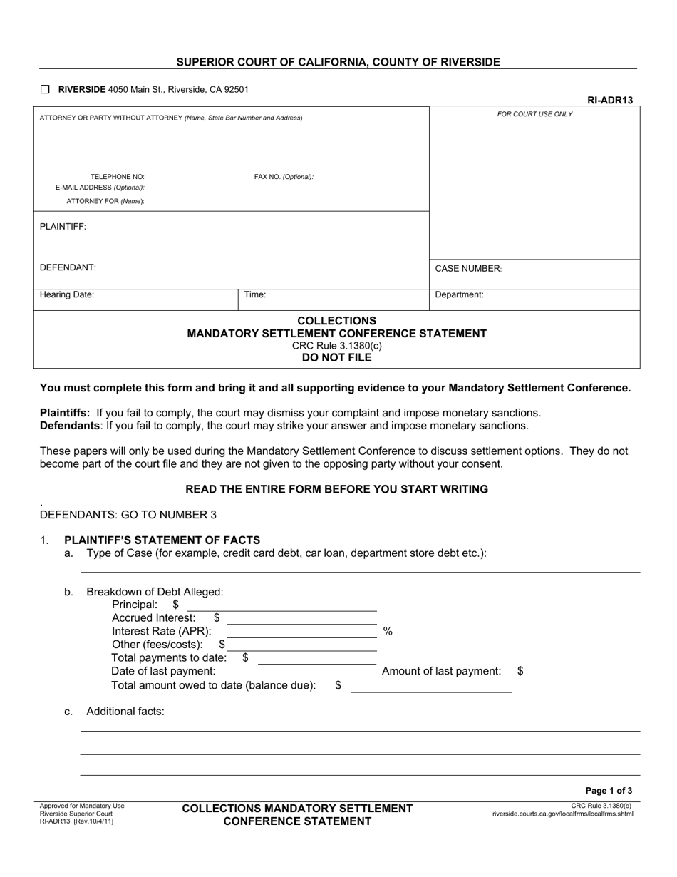 Form RI-ADR13 Collections Mandatory Settlement Conference Statement - County of Riverside, California, Page 1