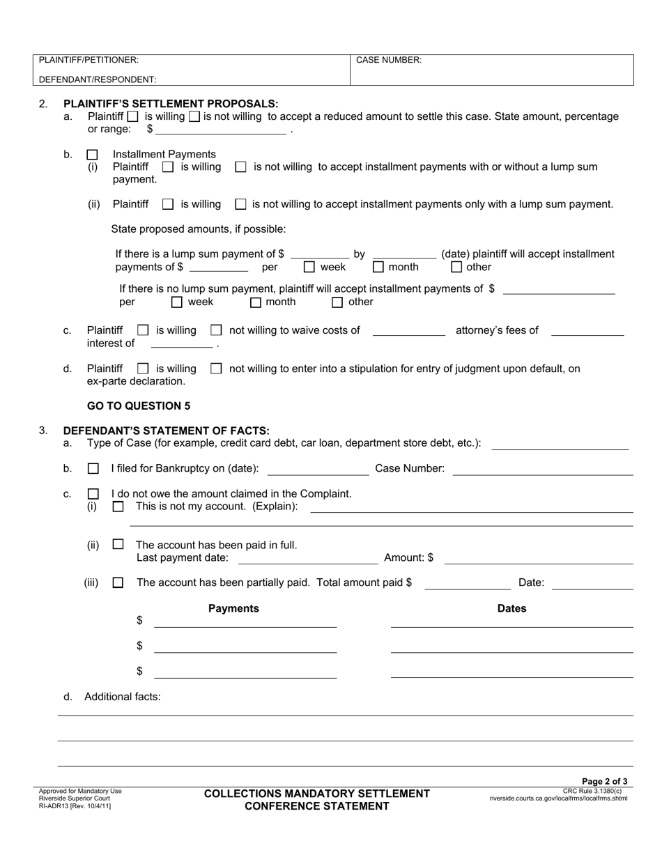 Form RI-ADR13 Collections Mandatory Settlement Conference Statement - County of Riverside, California, Page 2