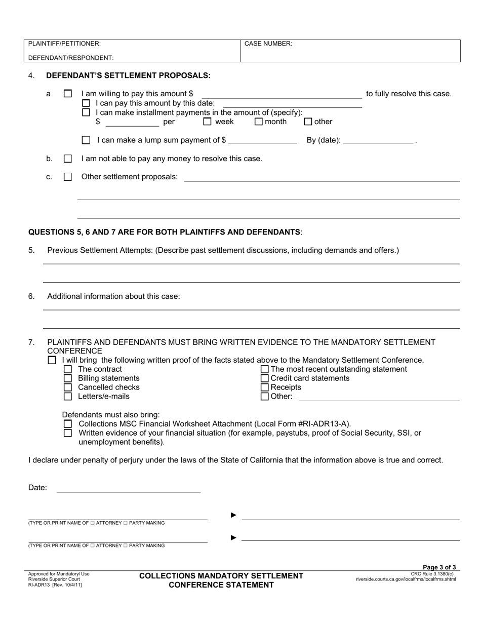 Form RI-ADR13 Collections Mandatory Settlement Conference Statement - County of Riverside, California, Page 3