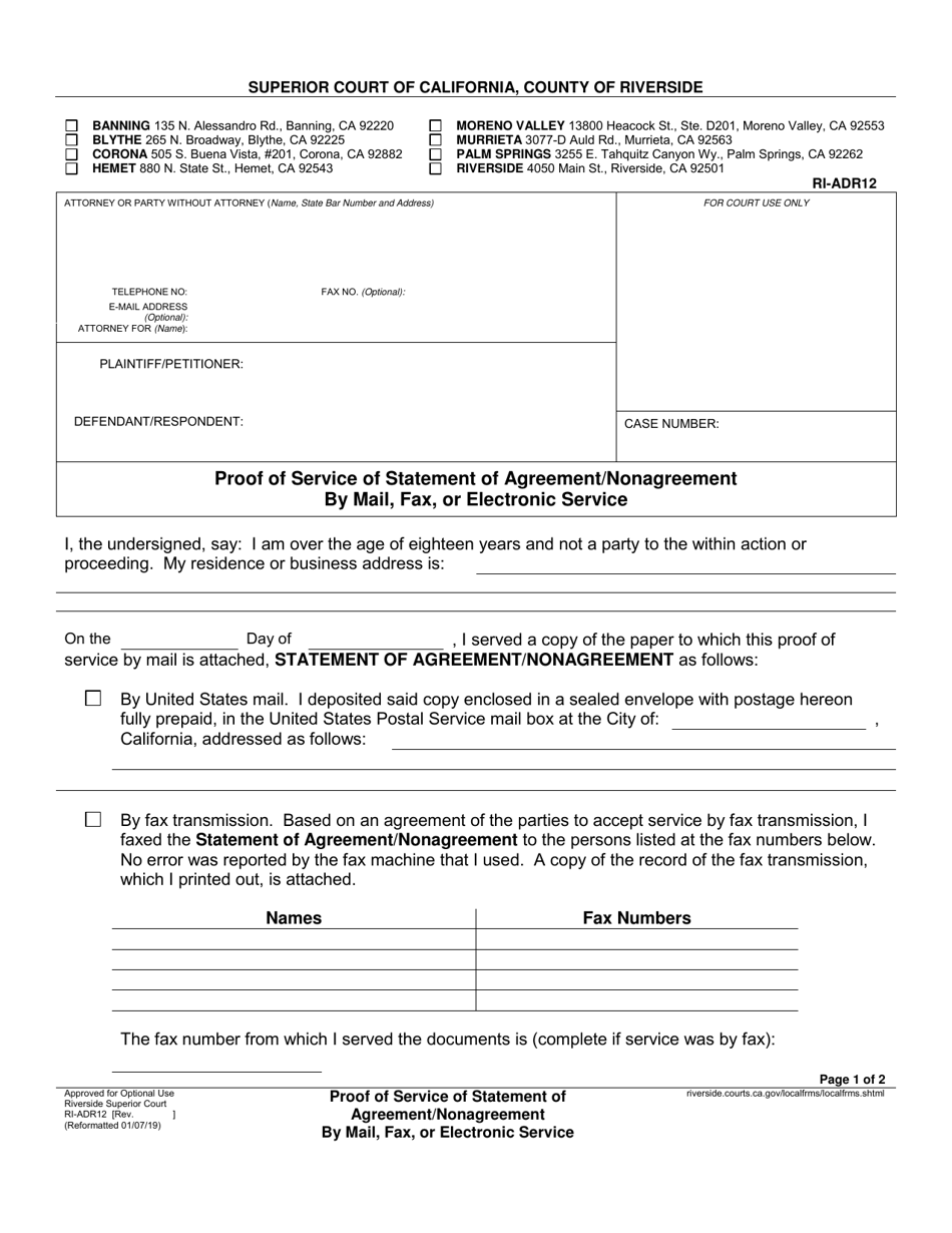 Form RI-ADR12 Proof of Service of Statement of Agreement / Nonagreement by Mail, Fax, or Electronic Service - County of Riverside, California, Page 1