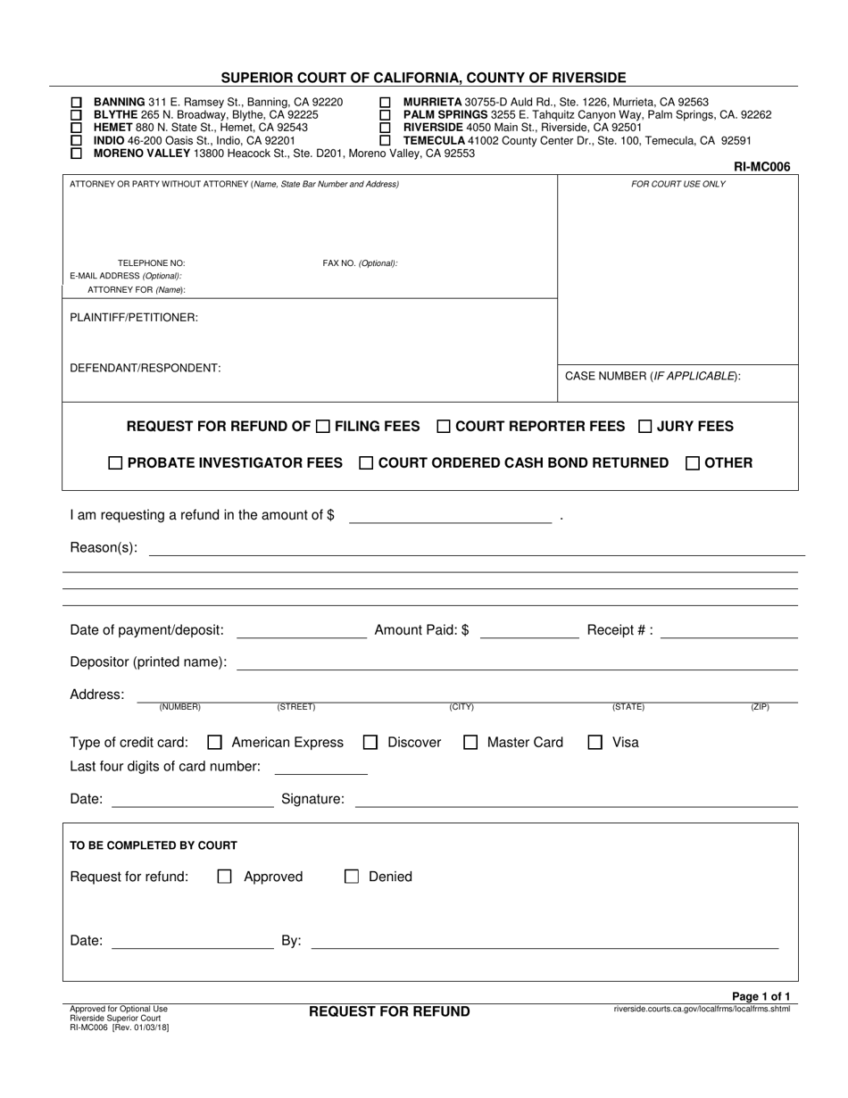 Form RI-MC006 Request for Refund - County of Riverside, California, Page 1