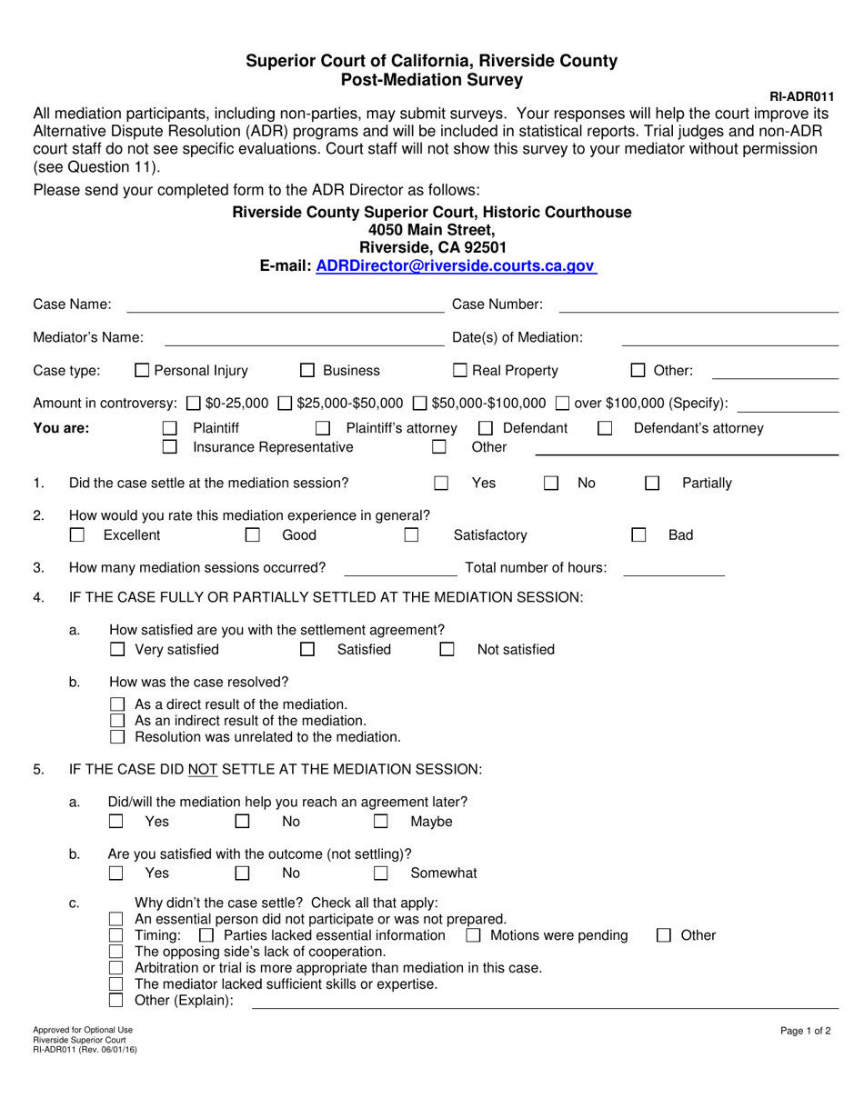 Form RI-ADR011 Post-mediation Survey - County of Riverside, California, Page 1