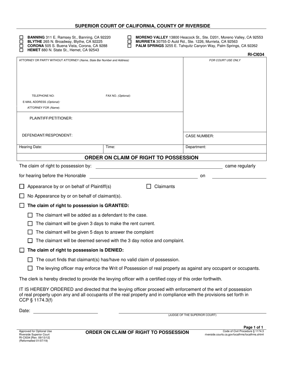 Form RI-CI034 Order on Claim of Right to Possession - County of Riverside, California, Page 1