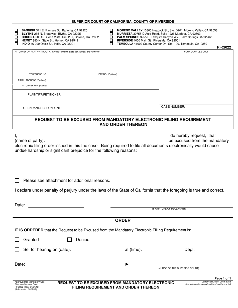 Form RI-CI022 Request to Be Excused From Mandatory Electronic Filing Requirement and Order Thereon - County of Riverside, California, Page 1
