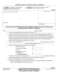 Document preview: Form RI-CR032 Application for the Deposit of Real Property Equity in Lieu of Cash Bail and Declaration of Property Owner(S) - County of Riverside, California