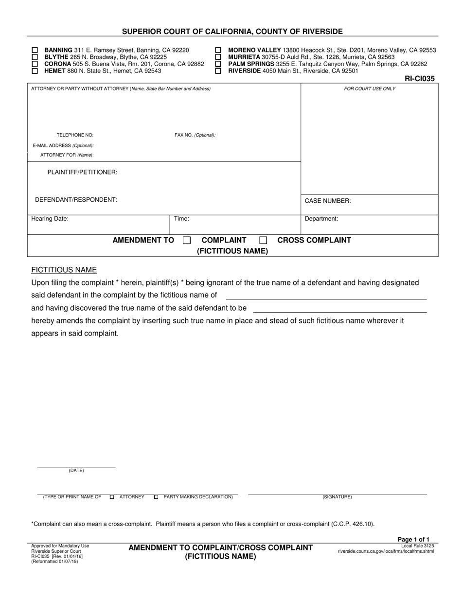 Form RI-CI035 Amendment to Complaint or Cross Complaint (Fictitious Name) - County of Riverside, California, Page 1