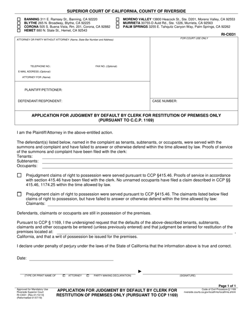 Form RI-CI031 Application for Judgment by Default by Clerk for Restitution of Premises Only - County of Riverside, California