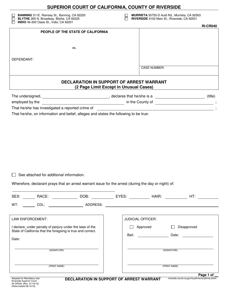 Form RI-CR040 Declaration in Support of Arrest Warrant - County of Riverside, California, Page 1