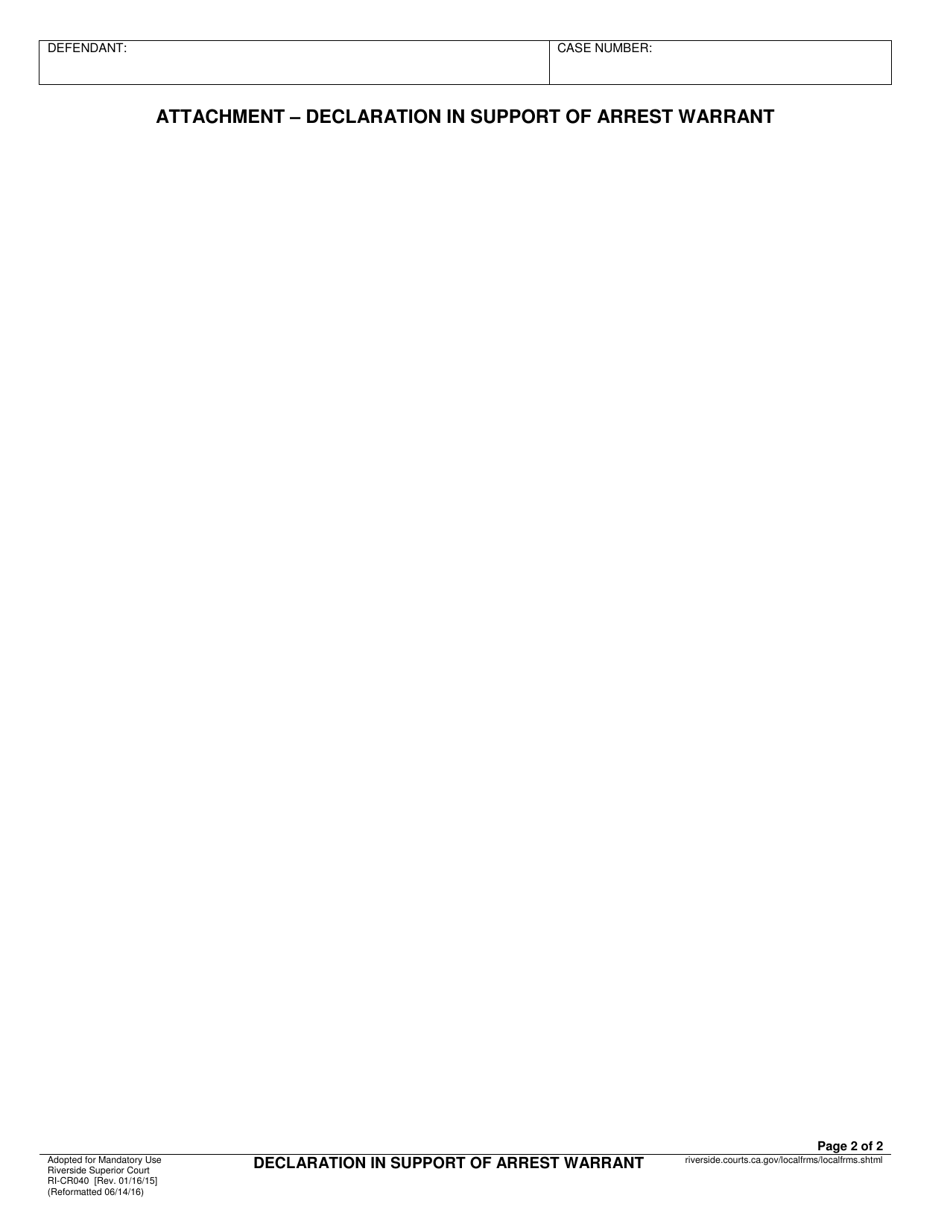 Form RI-CR040 Declaration in Support of Arrest Warrant - County of Riverside, California, Page 2