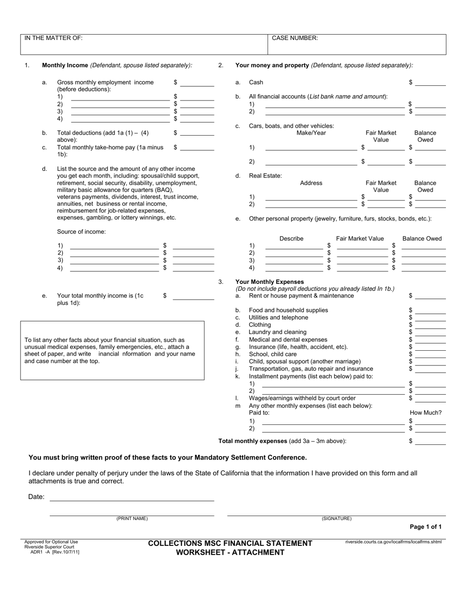 Form RI-ADR13-A Collections Mandatory Settlement Conference Statement Worksheet - Attachment - County of Riverside, California, Page 1