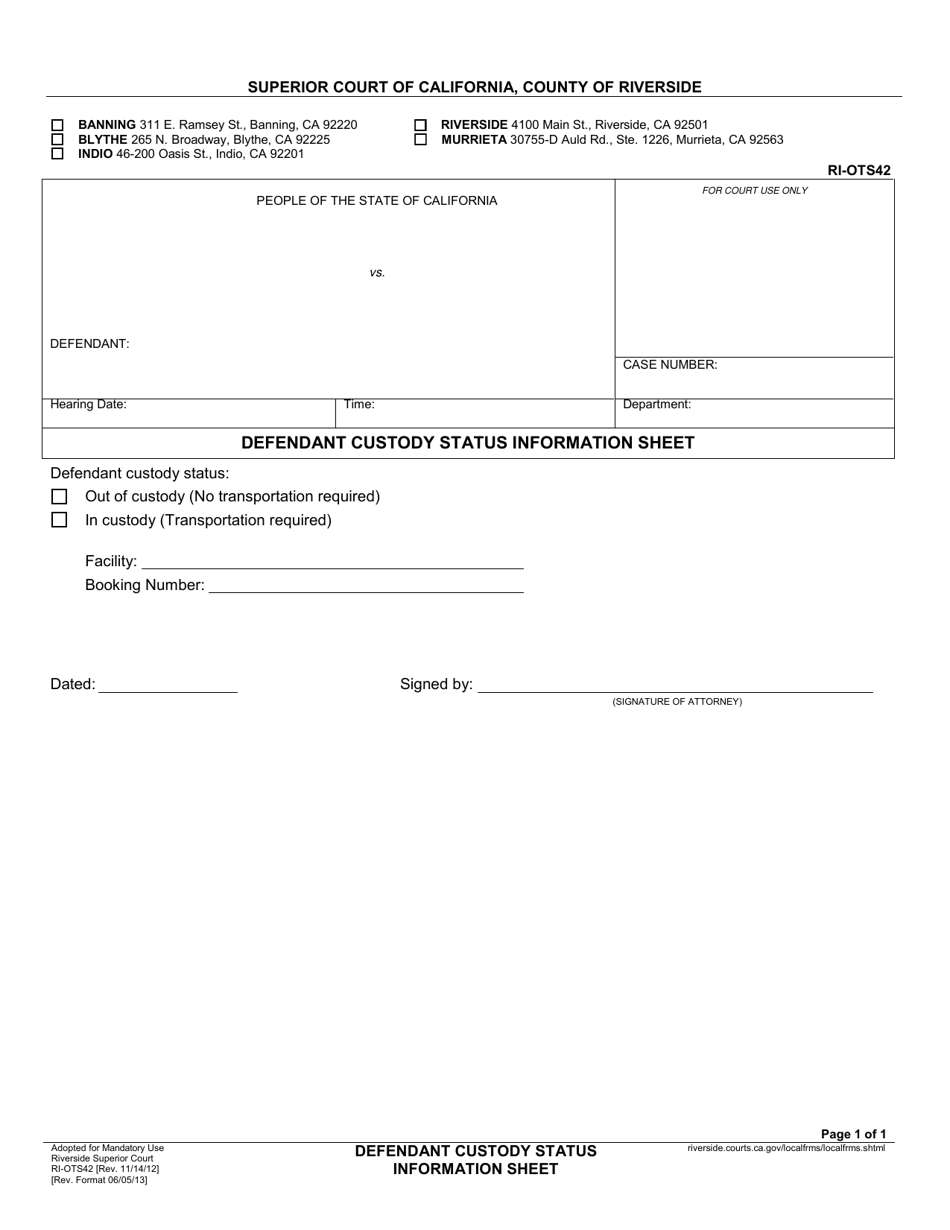 Form RI-OTS42 Defendant Custody Status Information Sheet - County of Riverside, California, Page 1