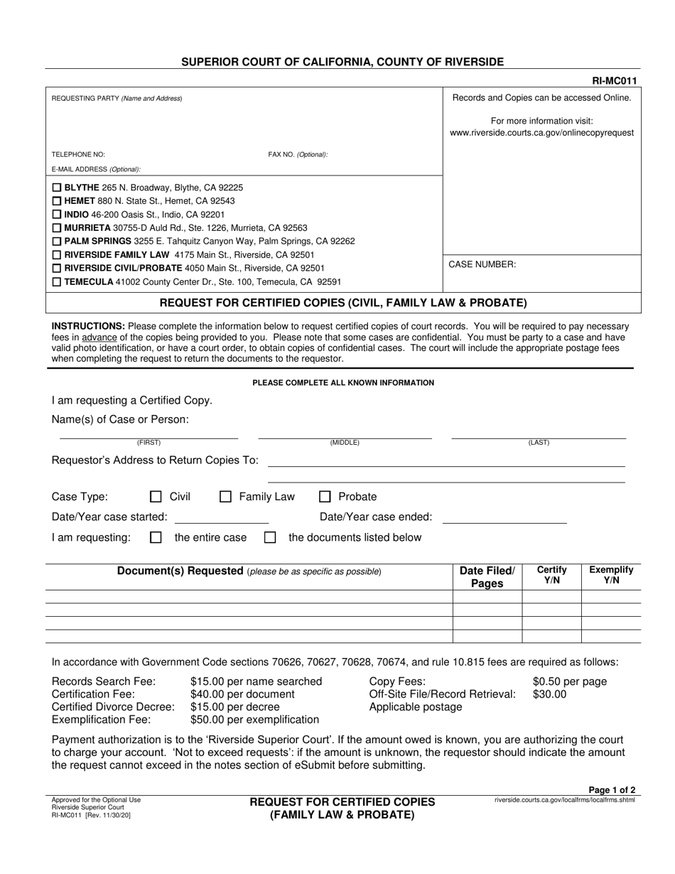 Form RI-MC011 Request for Certified Copies (Civil, Family Law and Probate) - County of Riverside, California, Page 1