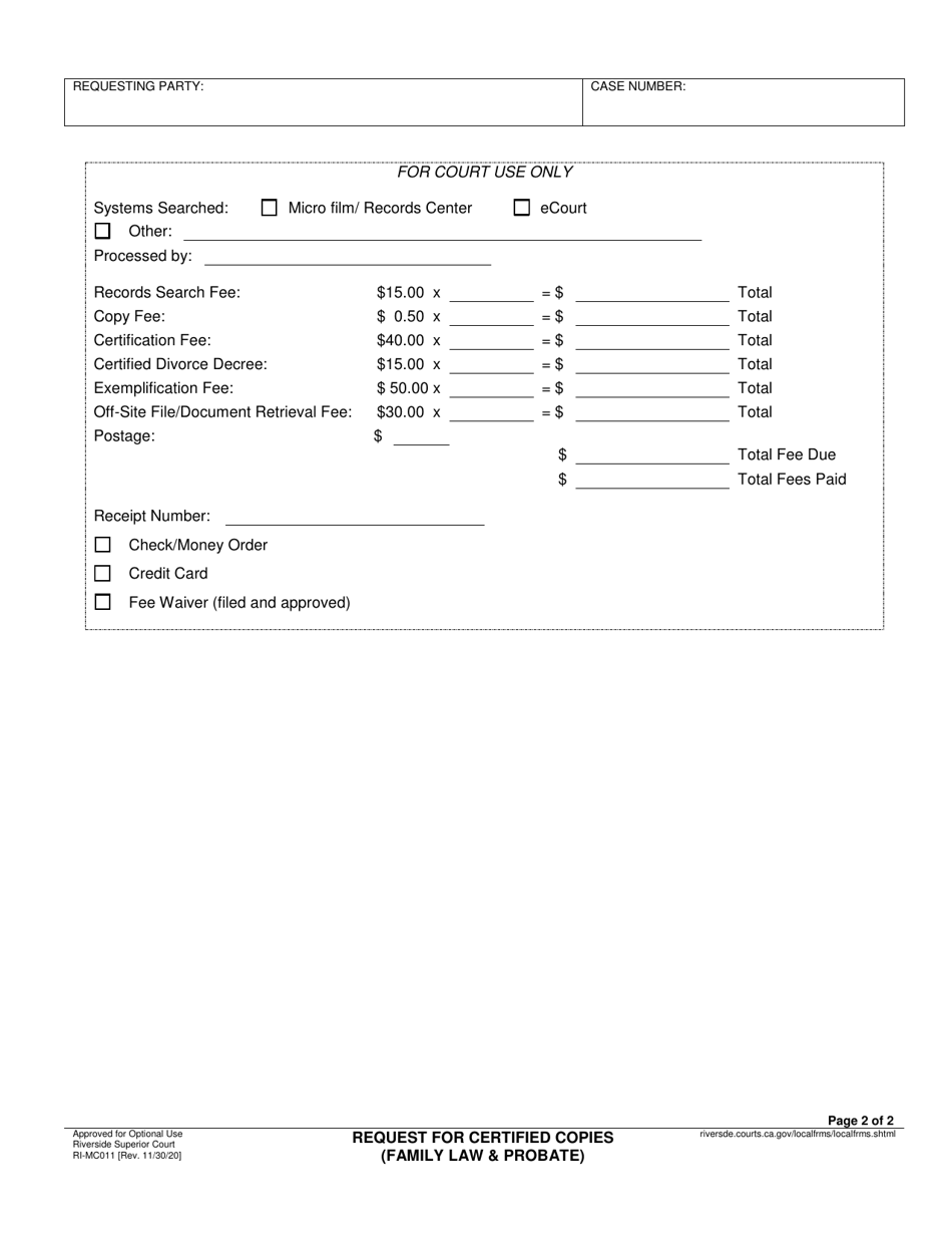 Form RI-MC011 Request for Certified Copies (Civil, Family Law and Probate) - County of Riverside, California, Page 2