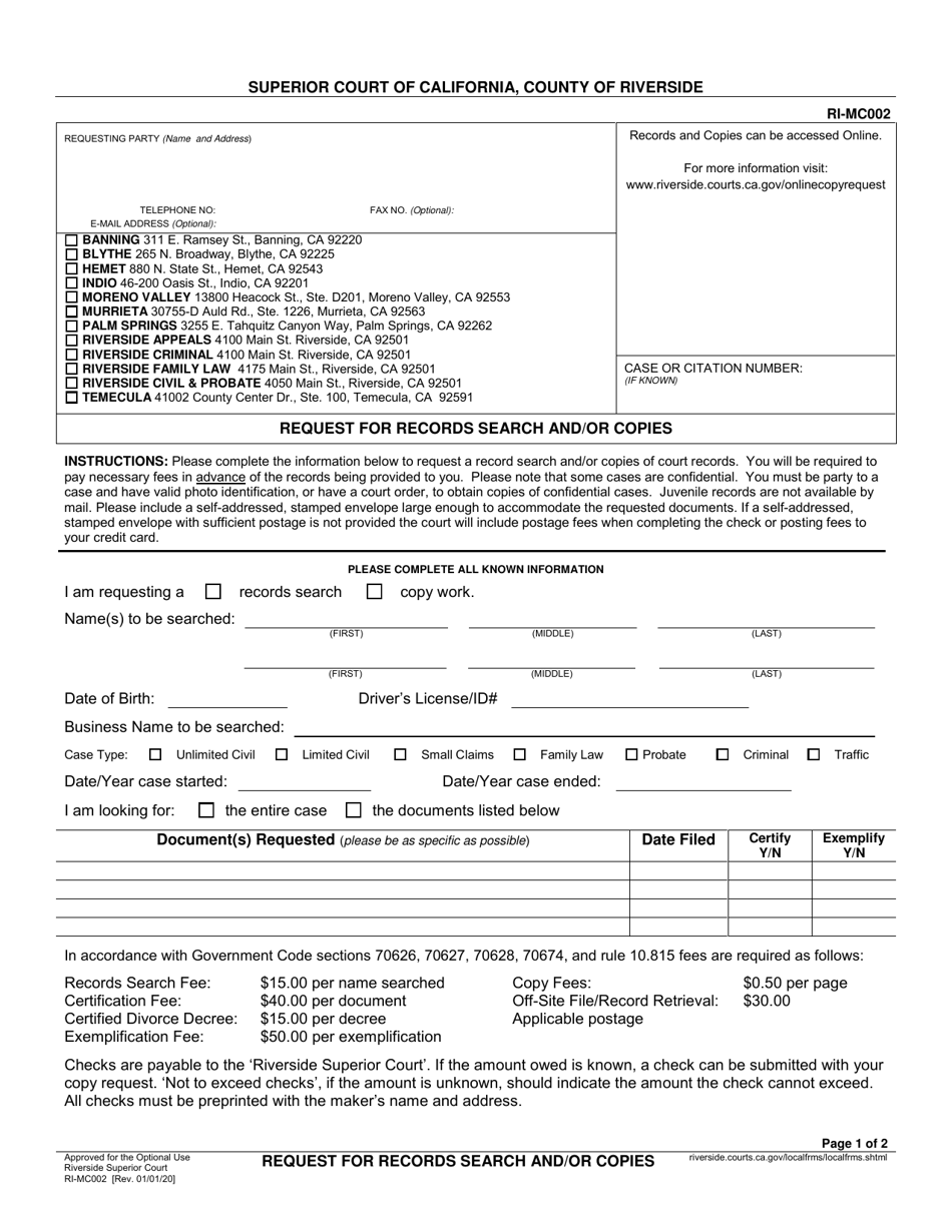 Form RI-MC002 Request for Records Search and / or Copies - County of Riverside, California, Page 1