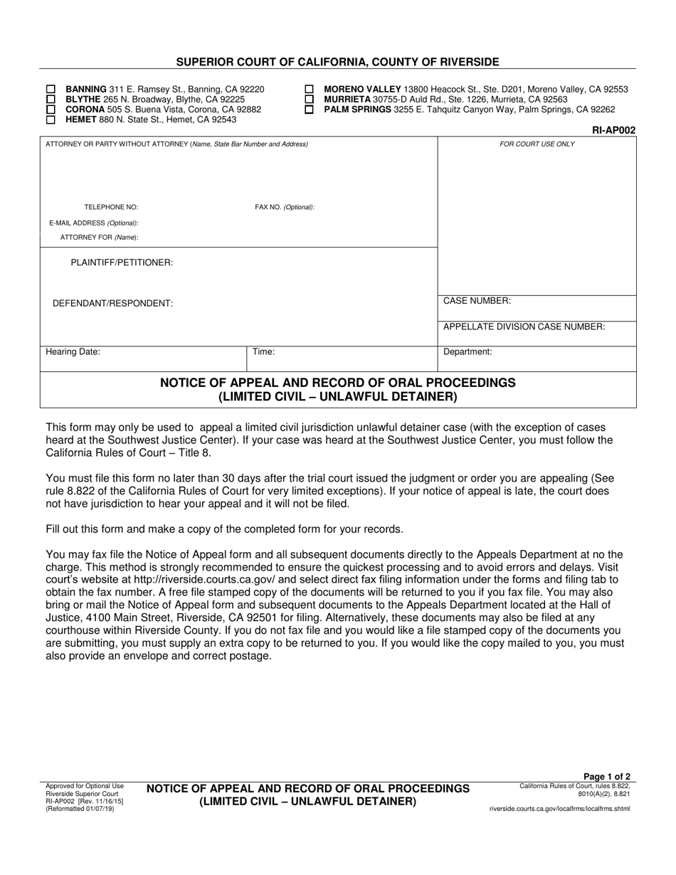Form RI-AP002 Notice of Appeal and Record of Oral Proceedings (Limited Civil - Unlawful Detainer) - County of Riverside, California, Page 1