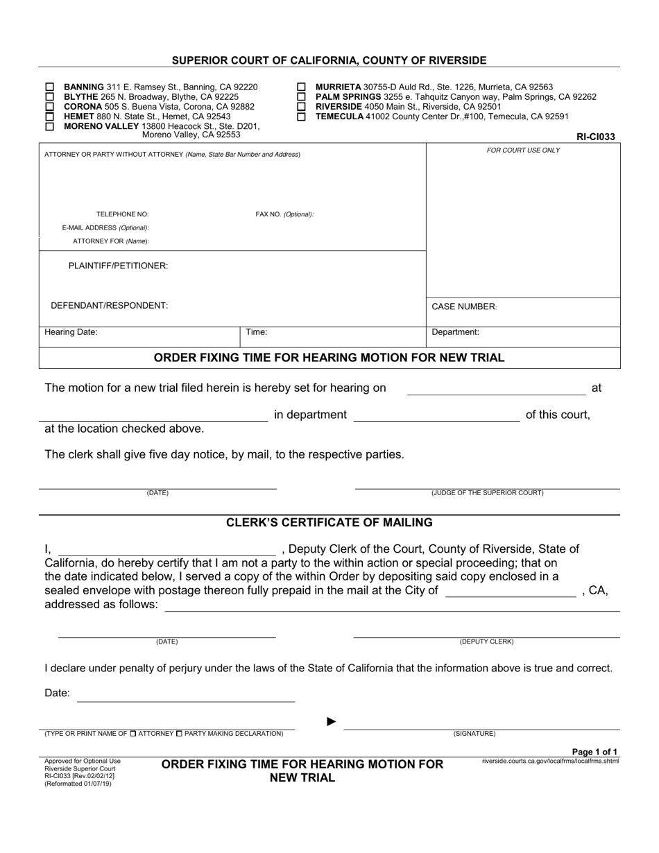 Form RI-CI033 Order Fixing Time for Hearing Motion for New Trial - County of Riverside, California, Page 1