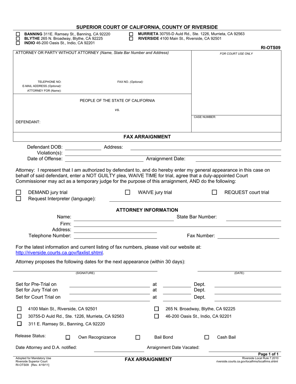 Form RI-OTS09 Fax Arraignment - County of Riverside, California, Page 1