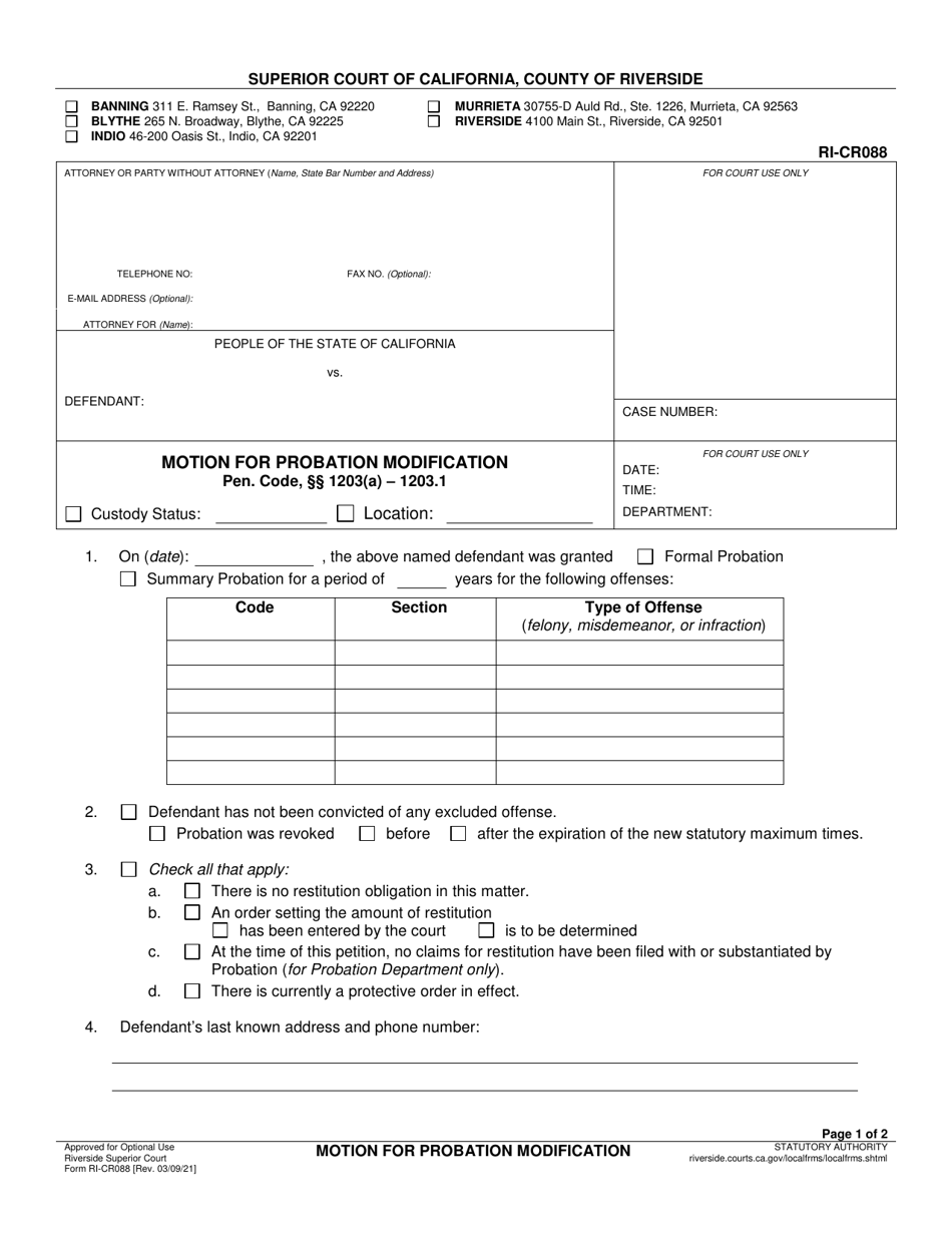 Form RI-CR088 Motion for Probation Modification - County of Riverside, California, Page 1