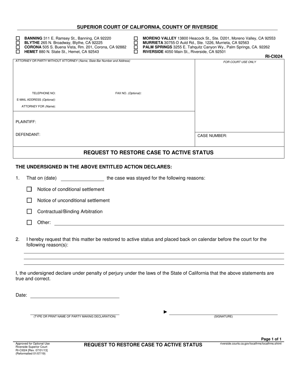 Form RI-CI024 Request to Restore Case to Active Status - County of Riverside, California, Page 1