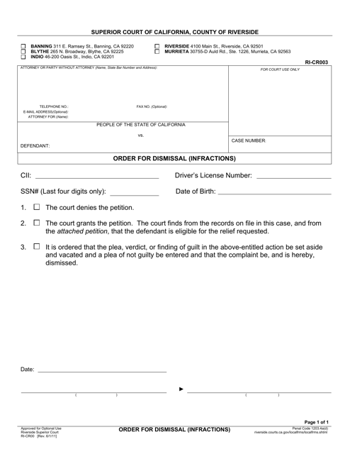 Form RI-CR003 Order for Dismissal (Infractions) - County of Riverside, California
