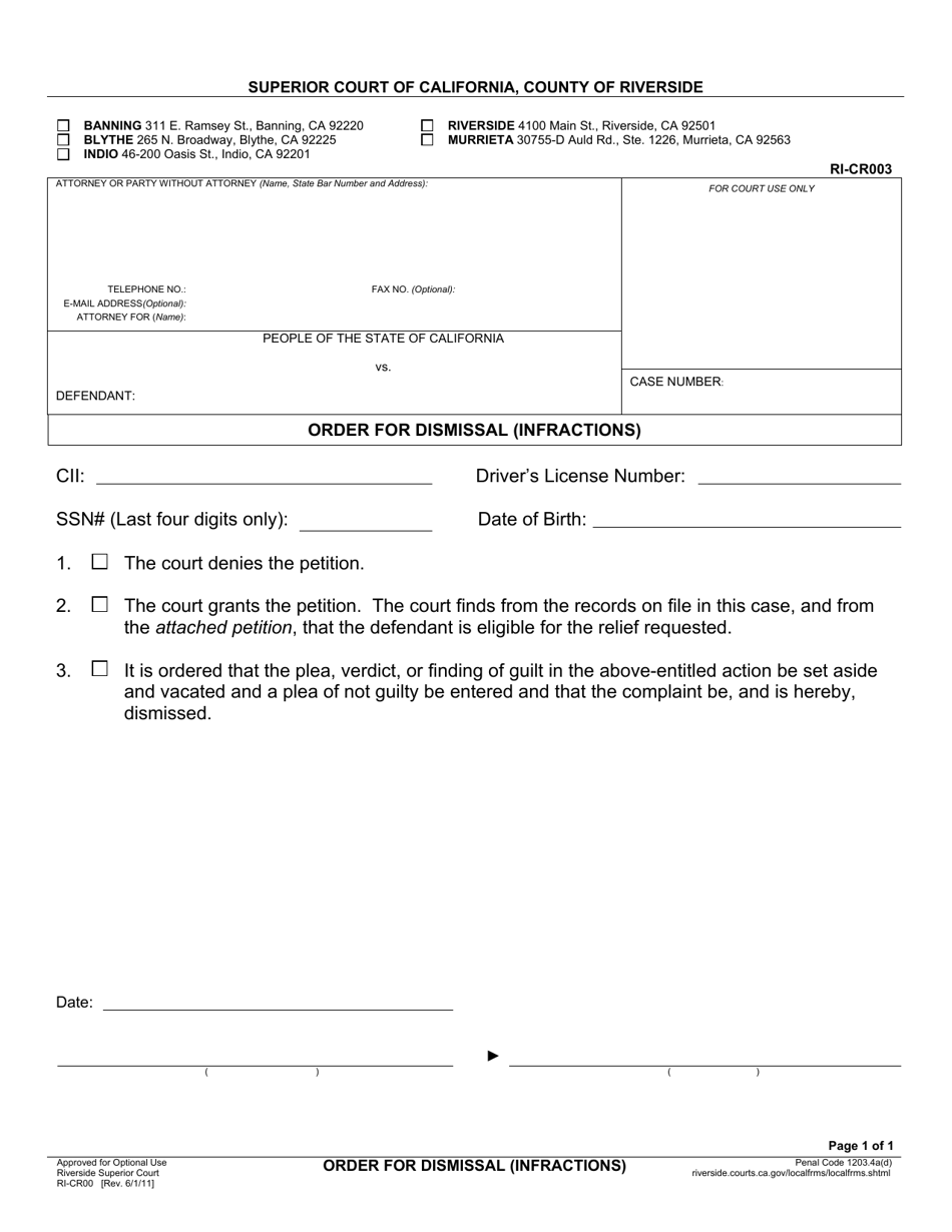 Form RI-CR003 Order for Dismissal (Infractions) - County of Riverside, California, Page 1