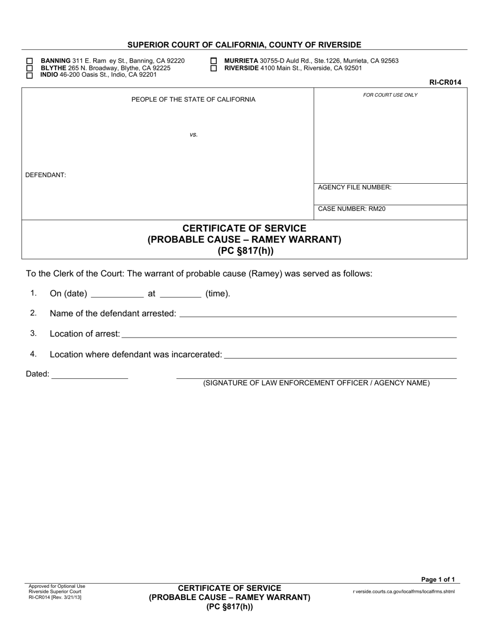 Form RI-CR014 Certificate of Service (Probable Cause - Ramey Warrant) - County of Riverside, California, Page 1