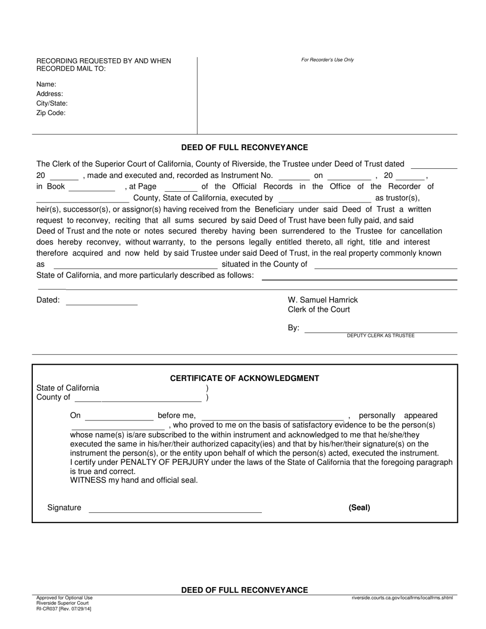Form RI-CR037 Deed of Full Reconveyance - County of Riverside, California, Page 1