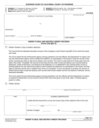 Document preview: Form RI-OTS49 Order to Seal and Destroy Arrest Records - County of Riverside, California