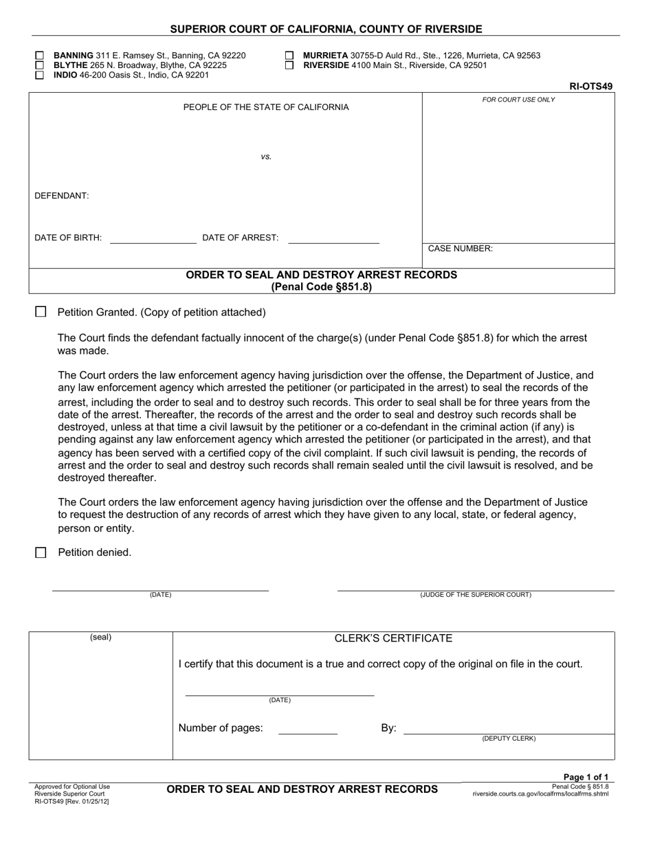 Form RI-OTS49 Order to Seal and Destroy Arrest Records - County of Riverside, California, Page 1