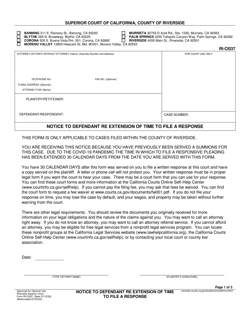 Form RI-CI037 Notice to Defendant Re Extension of Time to File a Response - County of Riverside, California (English / Spanish), Page 1