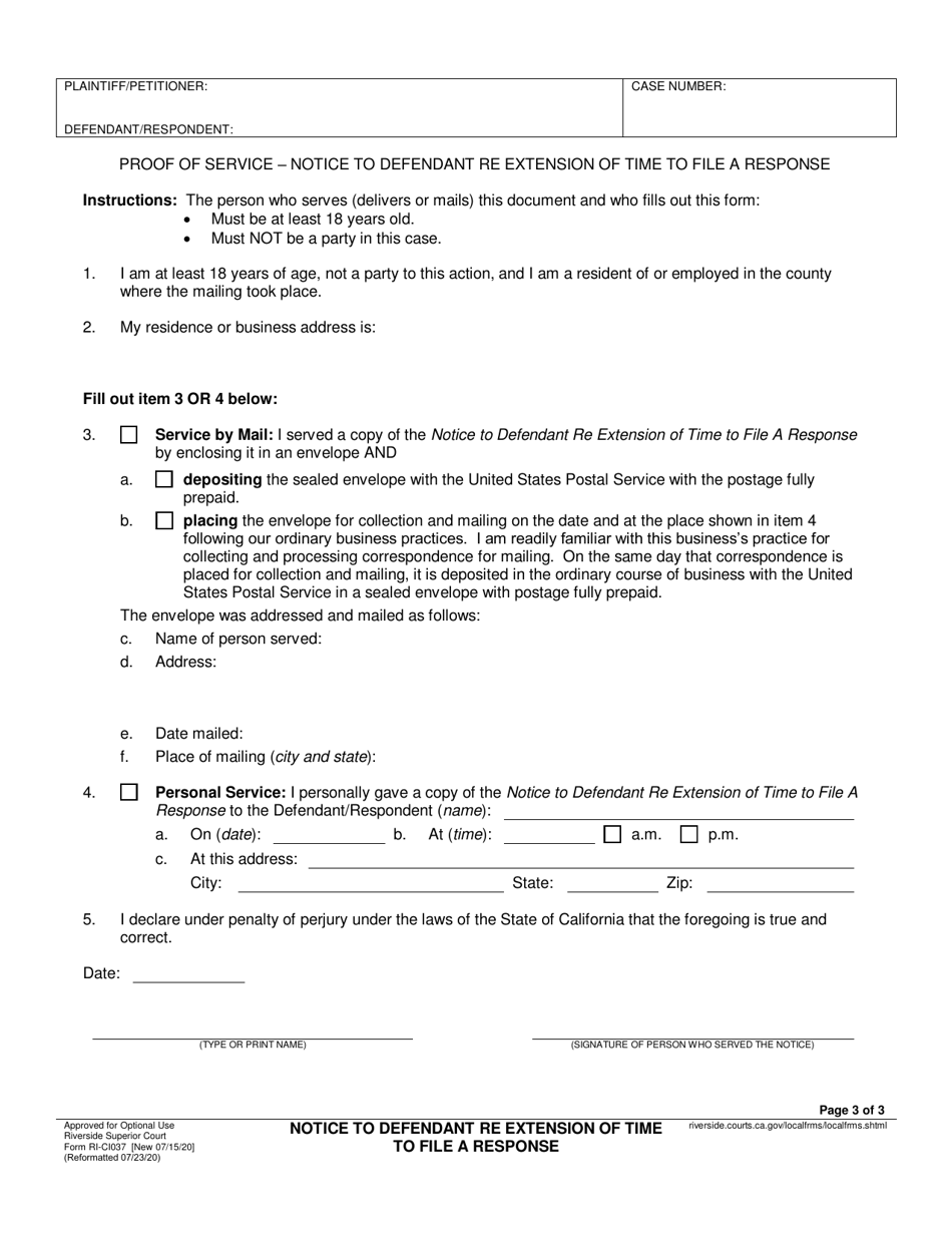 Form RI-CI037 Notice to Defendant Re Extension of Time to File a Response - County of Riverside, California (English / Spanish), Page 3