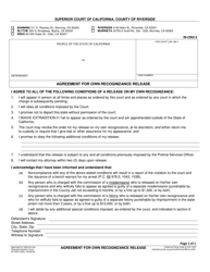 Document preview: Form RI-CR013 Agreement for Own Recognizance Release - County of Riverside, California