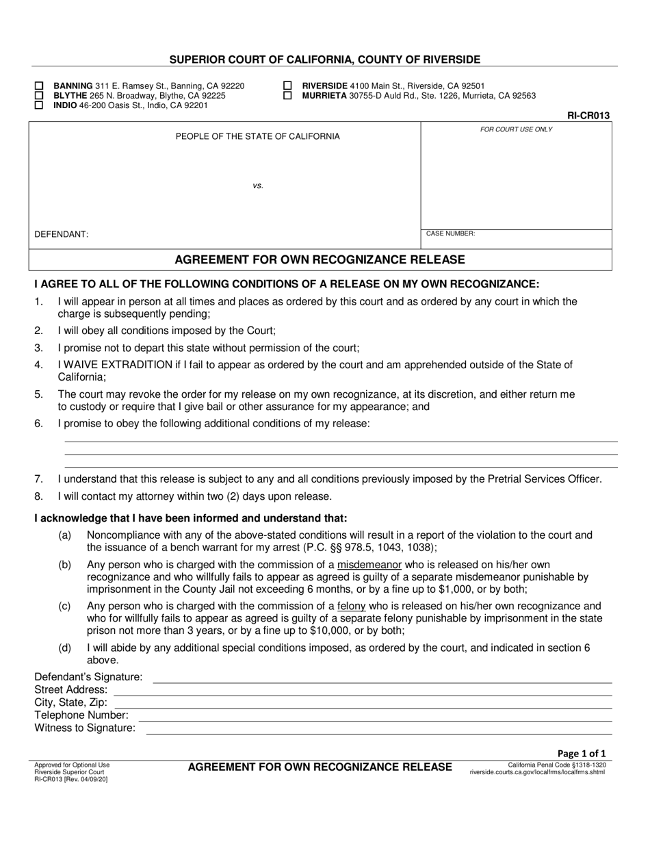 Form RI-CR013 Agreement for Own Recognizance Release - County of Riverside, California, Page 1