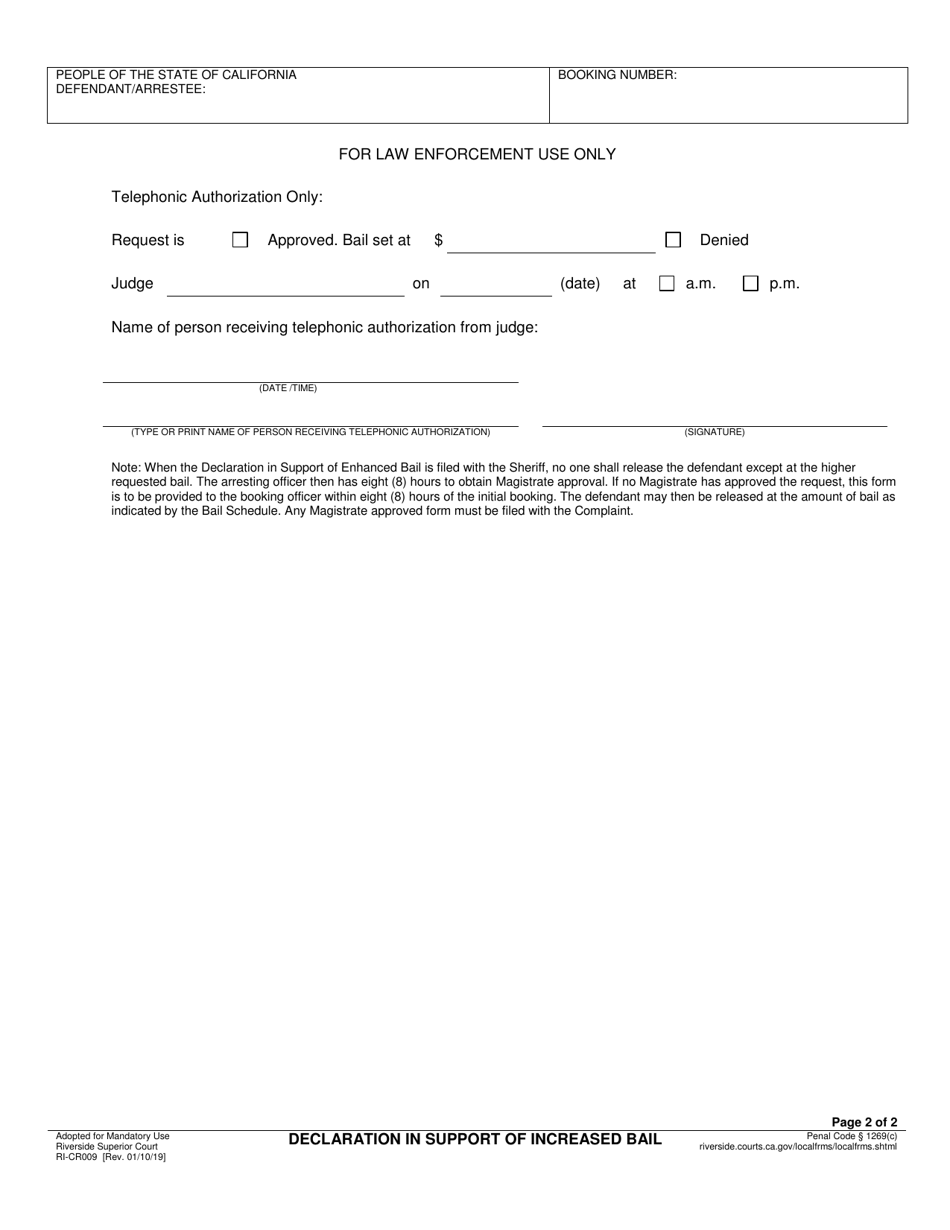 Form RI-CR009 Declaration in Support of Increased Bail - County of Riverside, California, Page 2