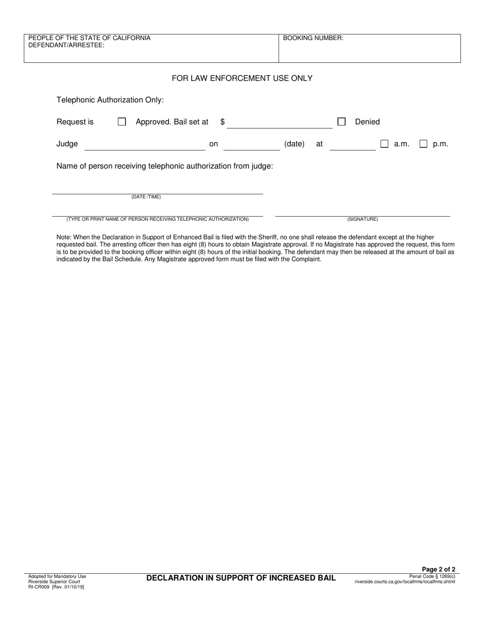 Form RI-CR009 Declaration in Support of Increased Bail - County of Riverside, California, Page 3