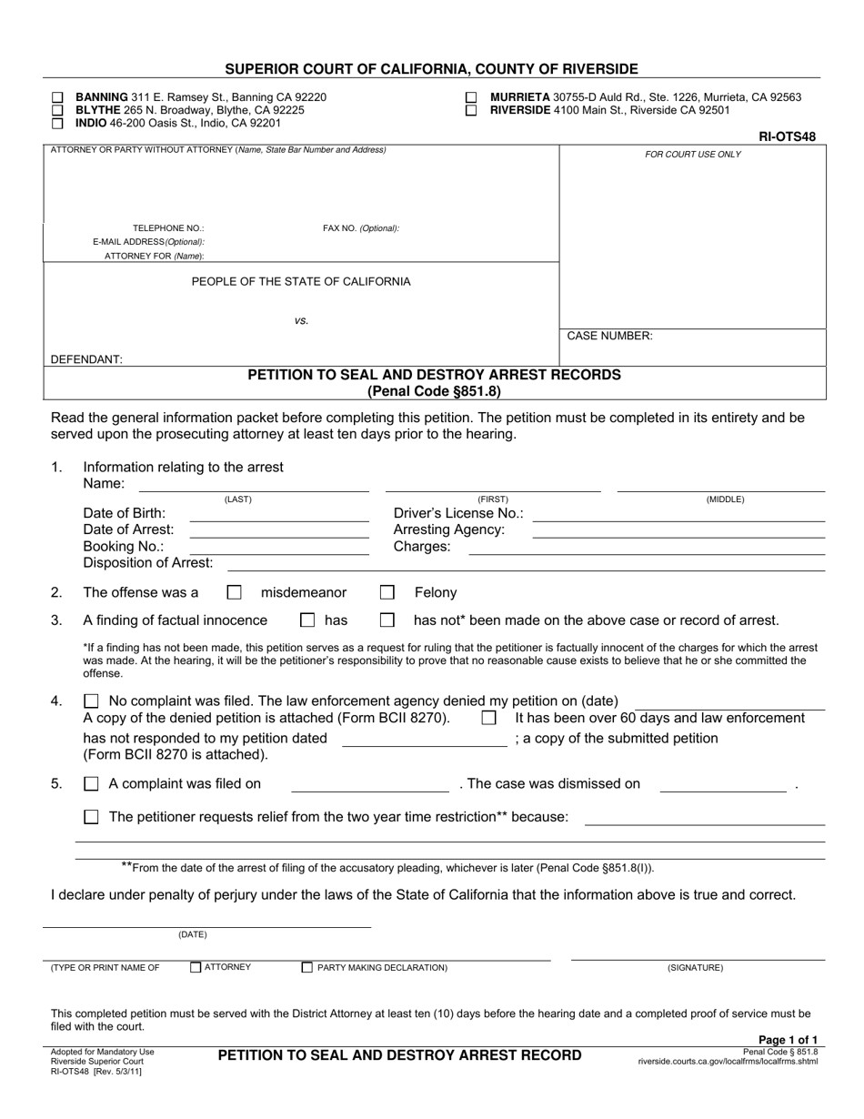 Form RI-OTS48 Petition to Seal and Destroy Arrest Records - County of Riverside, California, Page 1