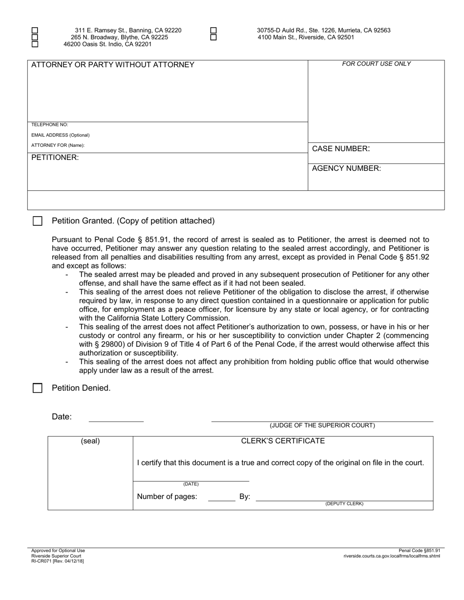 Form RI-CR071 Order to Seal Arrest Records - County of Riverside, California, Page 1