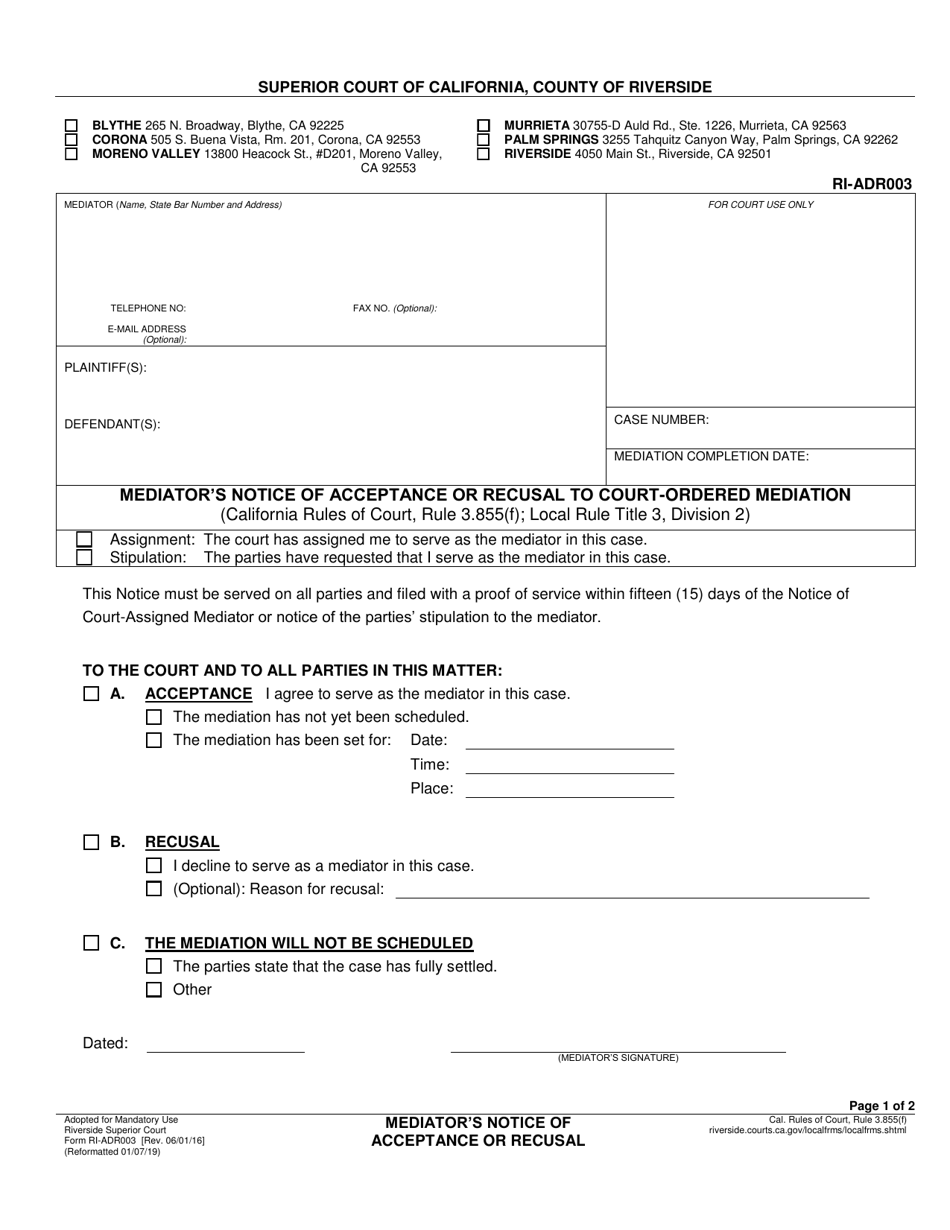 Form RI-ADR003 Mediators Notice of Acceptance or Recusal to Court-Ordered Mediation - County of Riverside, California, Page 1