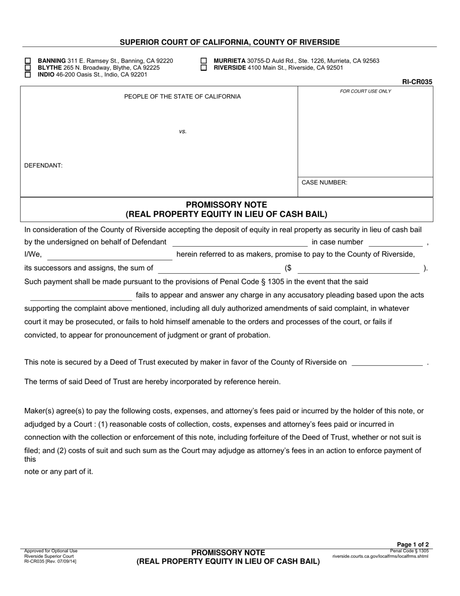 Form RI-CR035 Promissory Note (Real Property Equity in Lieu of Cash Bail) - County of Riverside, California, Page 1