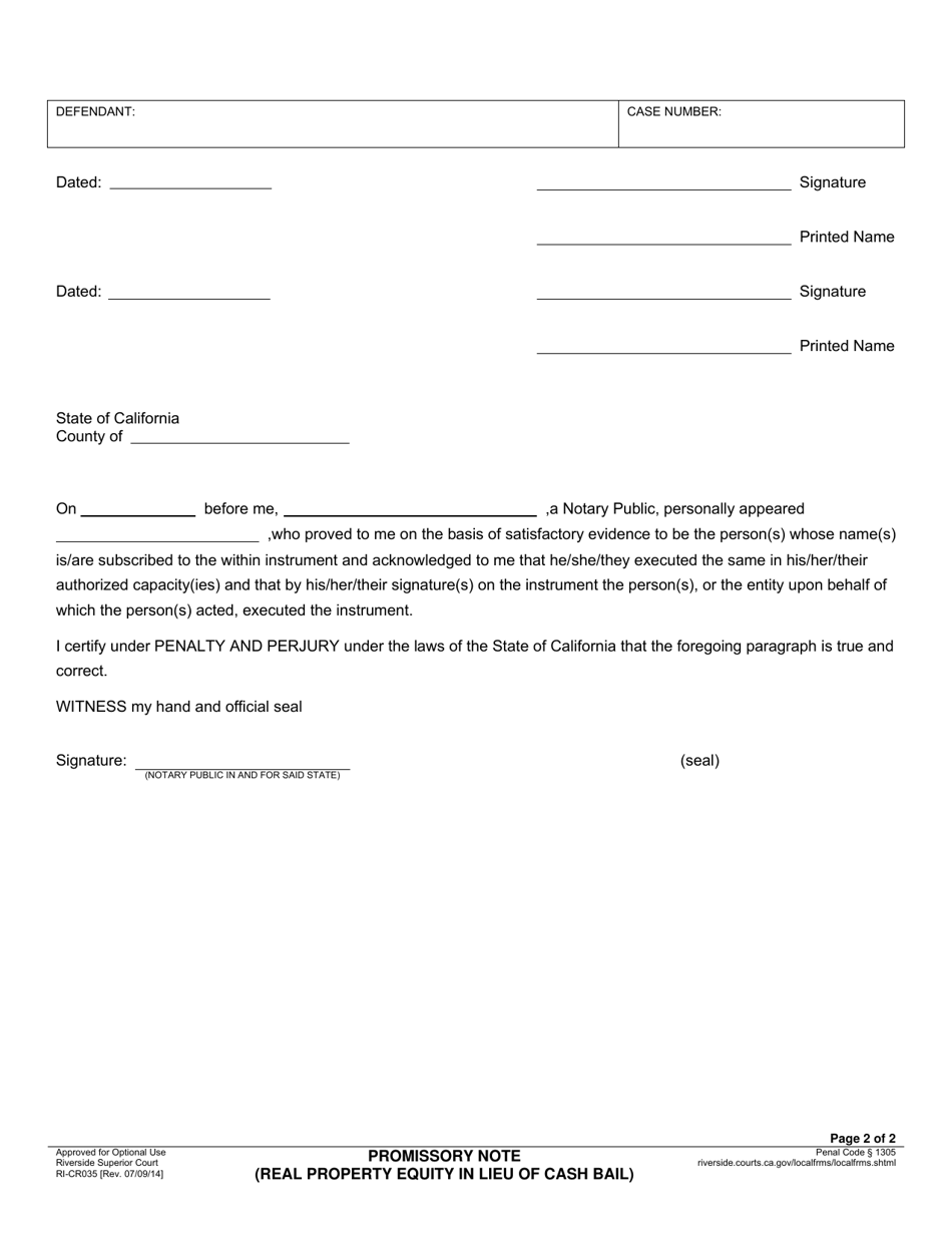Form RI-CR035 Promissory Note (Real Property Equity in Lieu of Cash Bail) - County of Riverside, California, Page 2