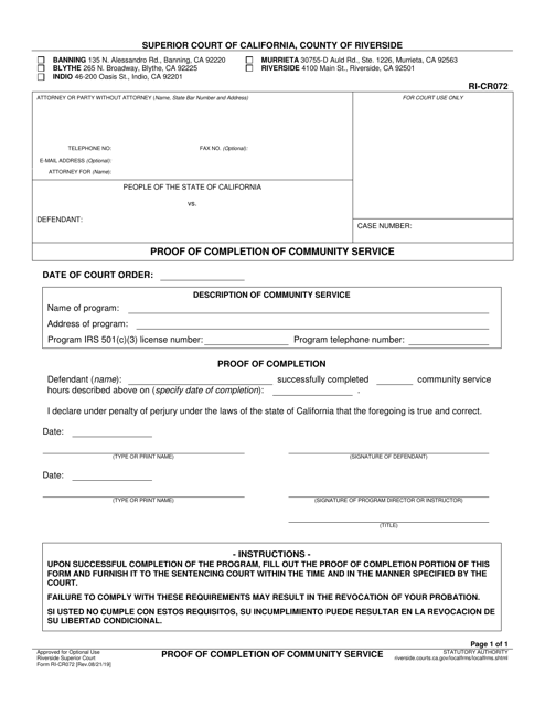 Form RI-CR072 Proof of Completion of Community Service - County of Riverside, California