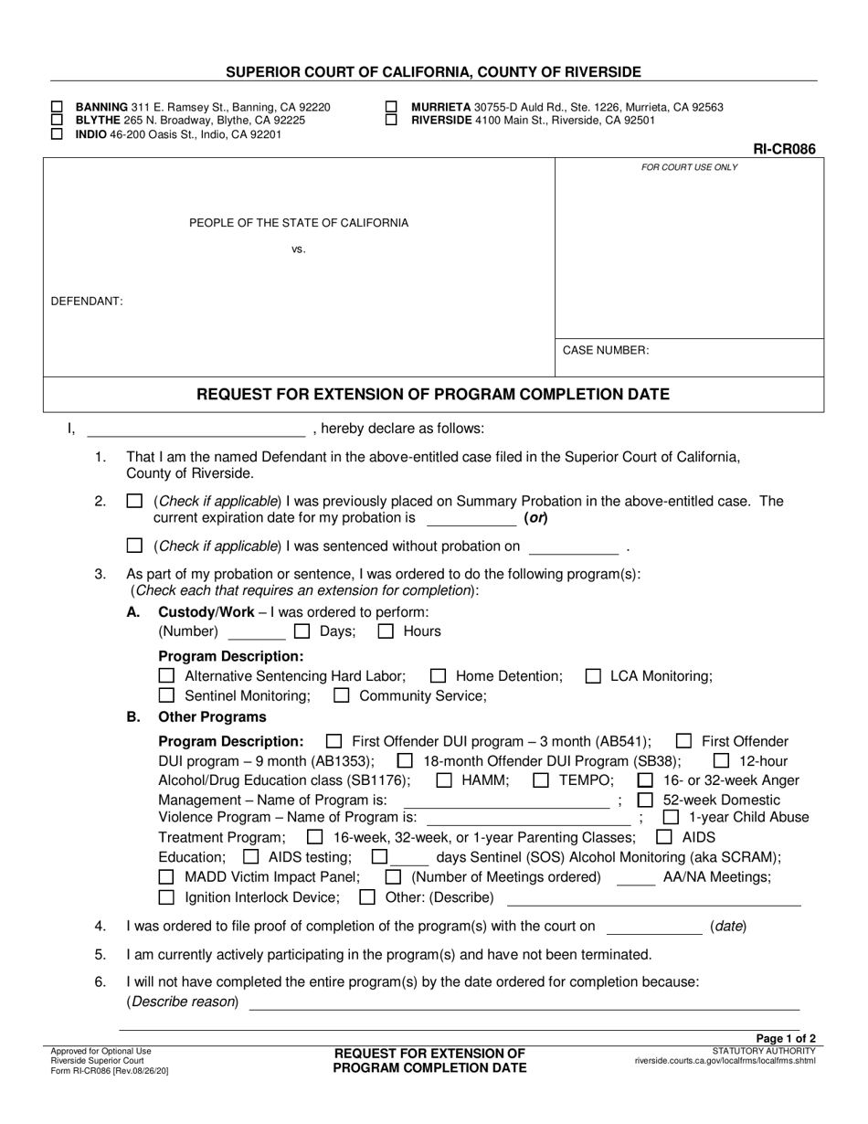 Form RI-CR086 Request for Extension of Program Completion Date - County of Riverside, California, Page 1